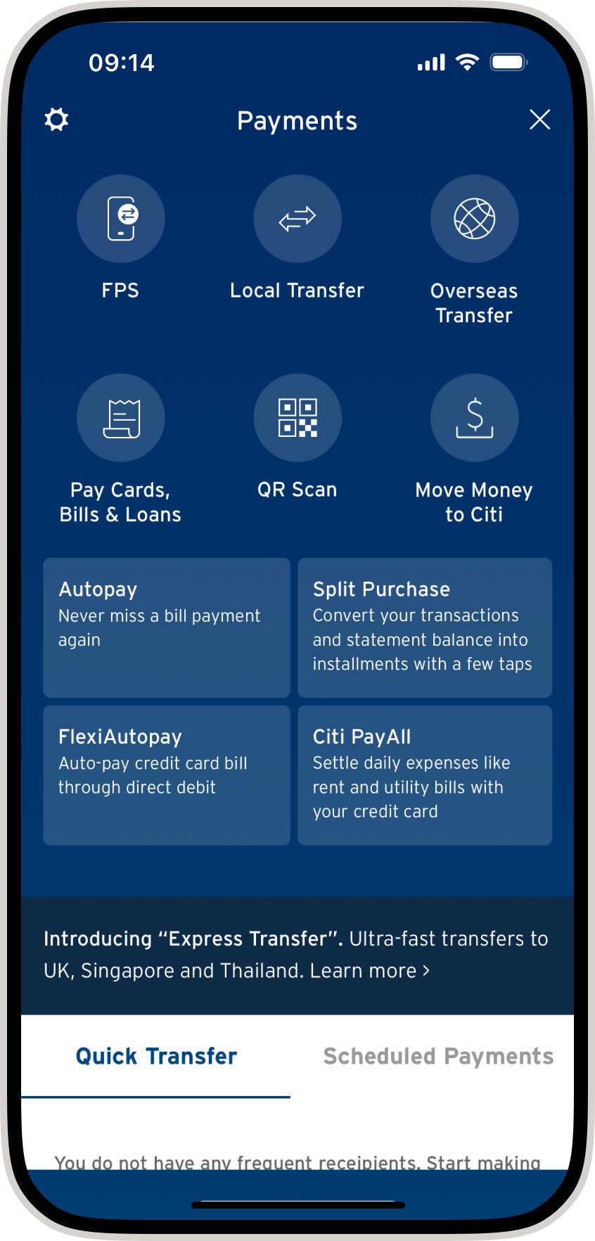 Citibank app menu with the FPS payment option selected
