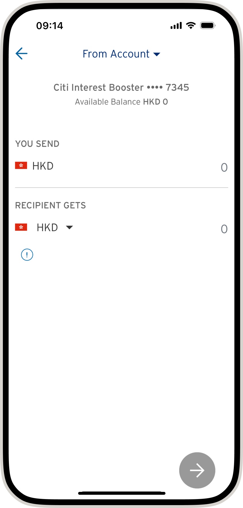 Citibank screen to enter the payment amount and a message to the payee