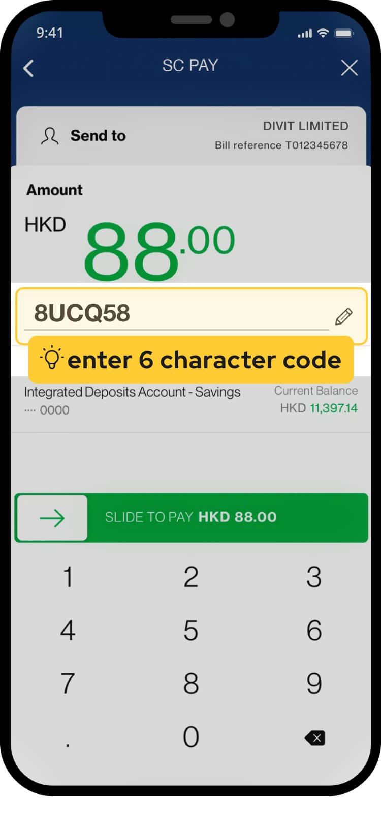 Standard Chartered amount screen with the 6-character order code in the message to payee field