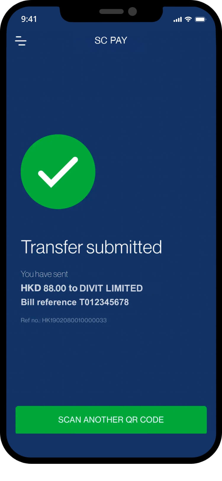 Standard Chartered screen to verify the details and confirm the completed FPS transfer