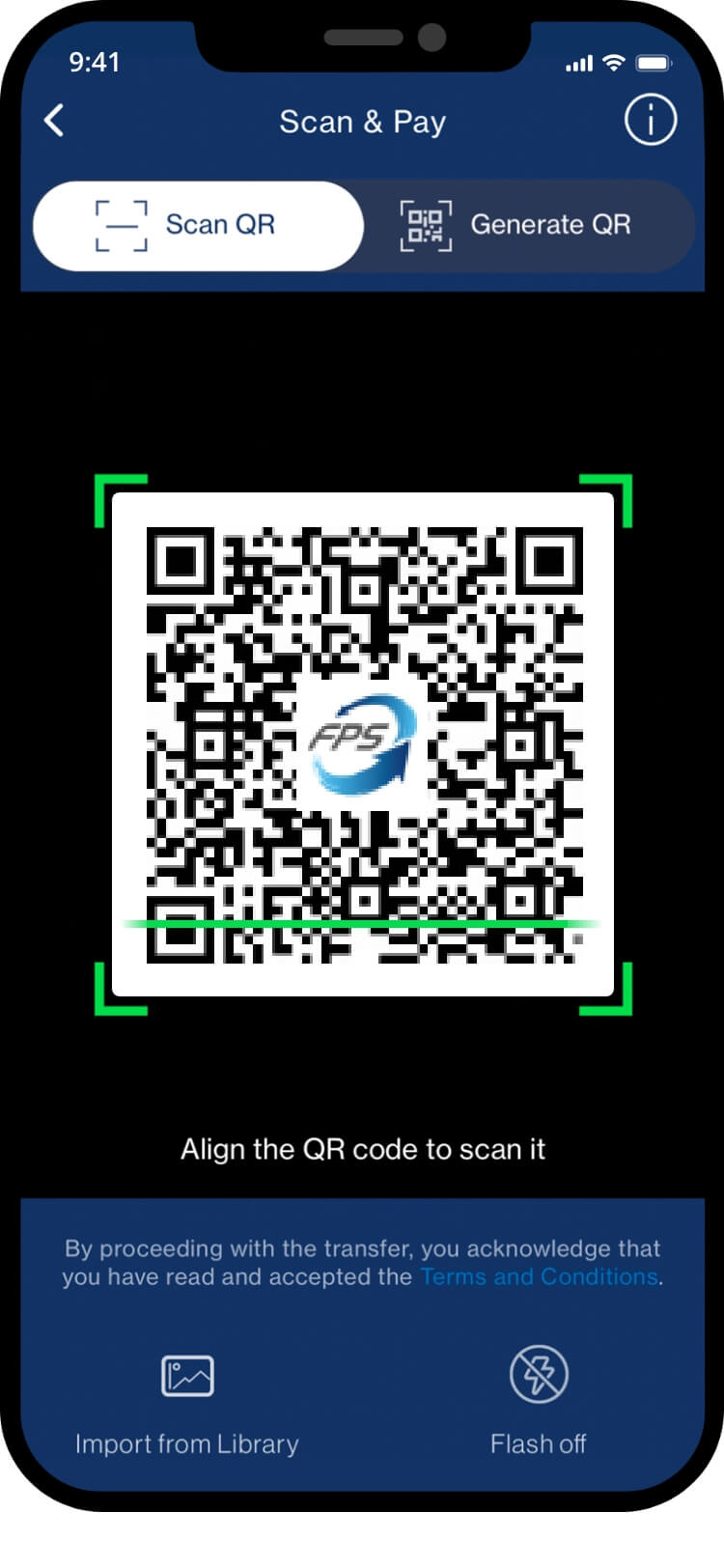 Standard Chartered scan-to-pay camera view aimed at an FPS QR code