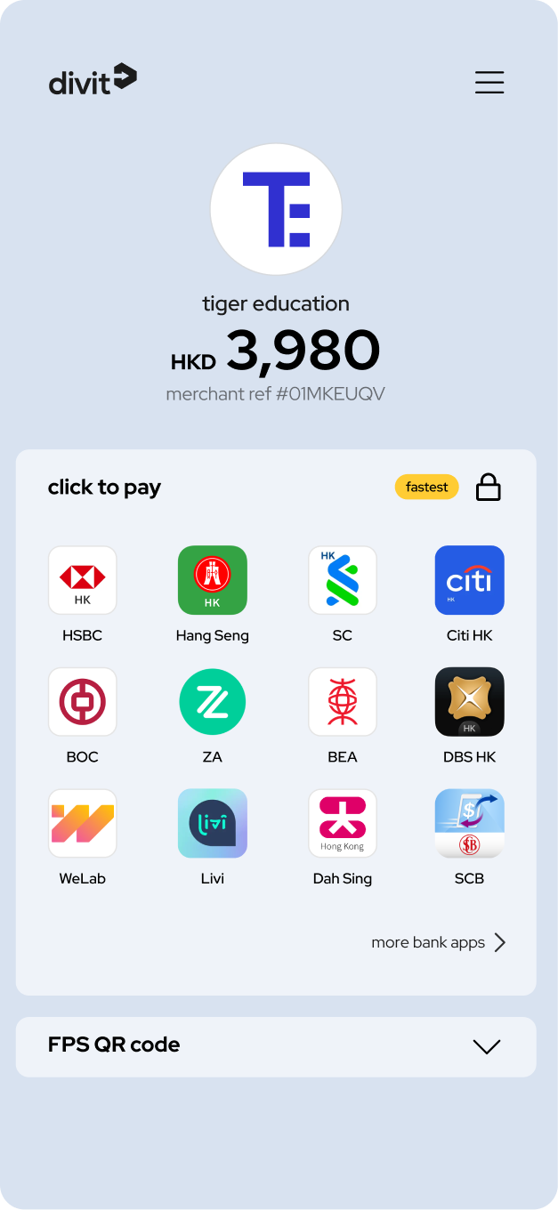 divit click-to-pay screen: tiger education HKD 3,980 with 12-bank grid