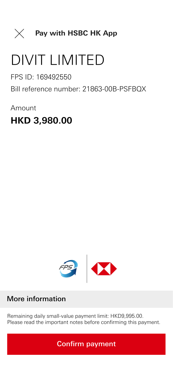 HSBC pay sheet confirming HKD 3,980 to DIVIT LIMITED