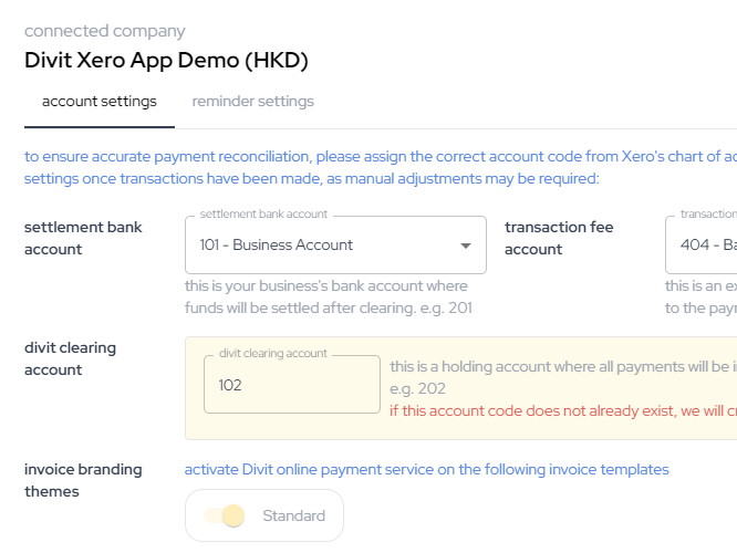 divit 的 Xero 设定栏位：结算银行账户、交易手续费账户及 divit 清算账户