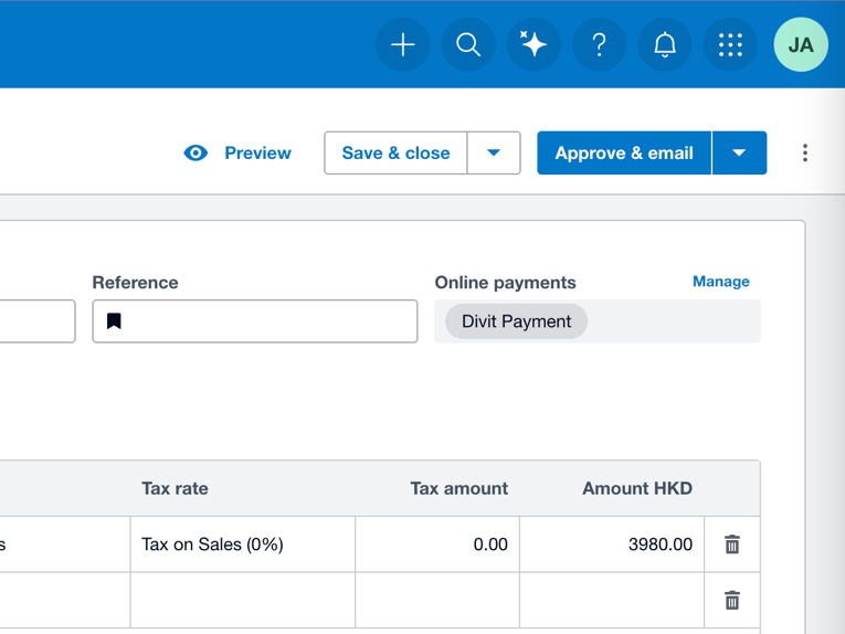 Xero 发票工具列，有批准并发送电邮按钮，网上付款已设为 Divit Payment