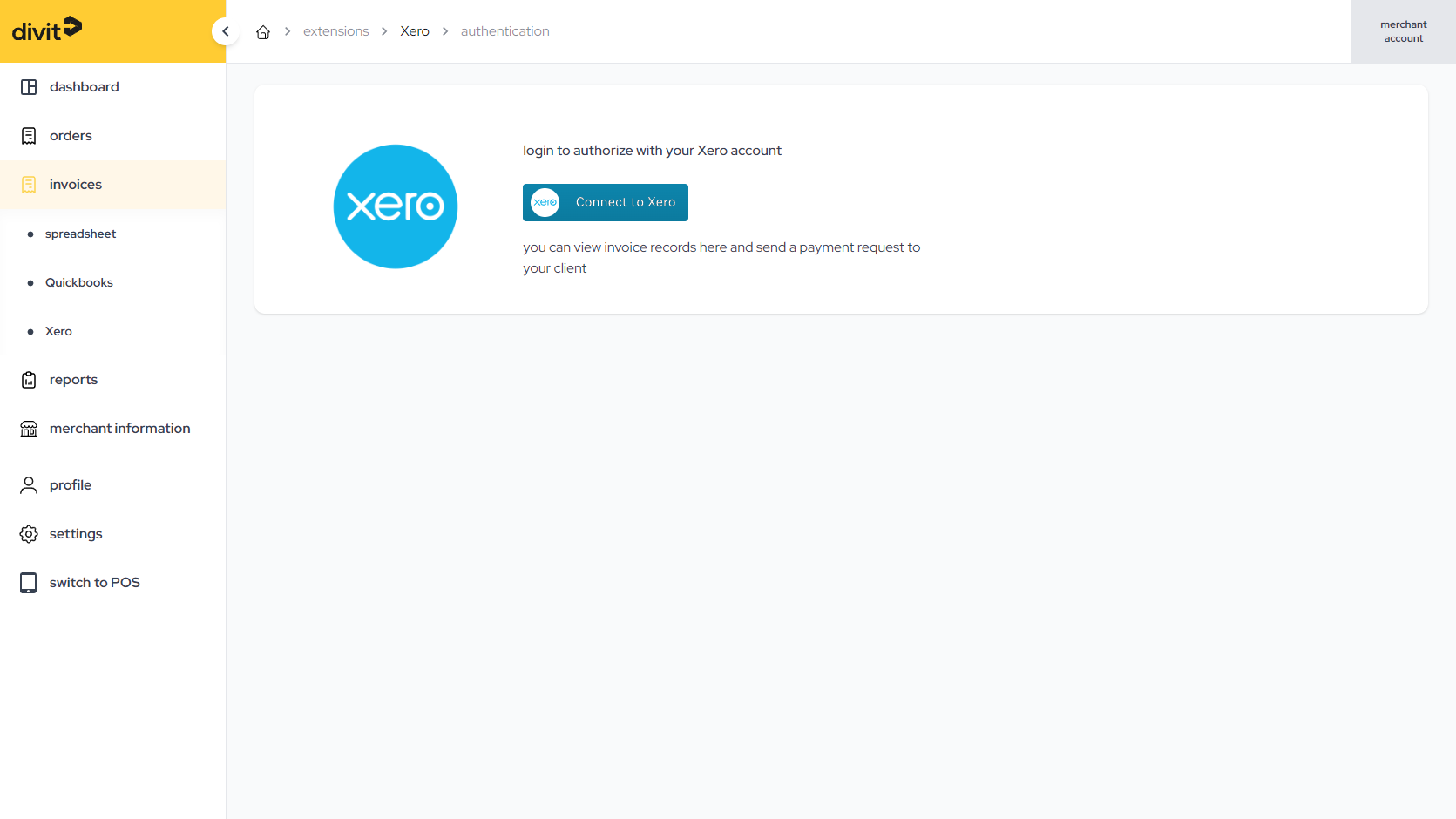 divit 管理后台的 extensions 内 Xero 认证画面，显示连接 Xero 按钮