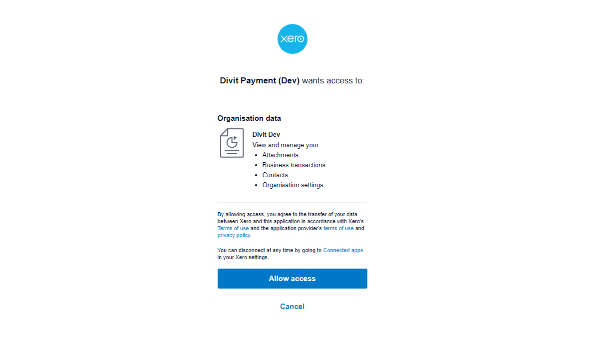 Xero 授权画面：divit 应用请求存取机构资料，并有允许存取按钮