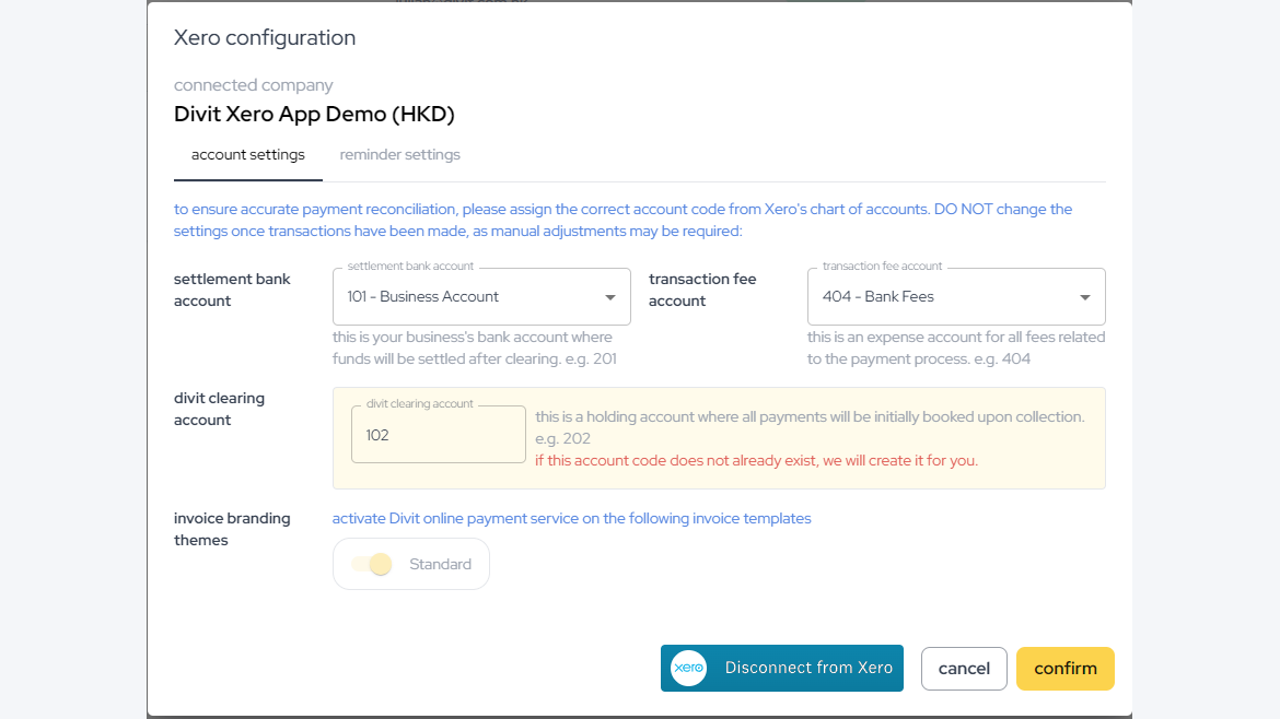 divit 的 Xero 设定对话框：结算银行账户、交易手续费账户、divit 清算账户及发票品牌主题开关