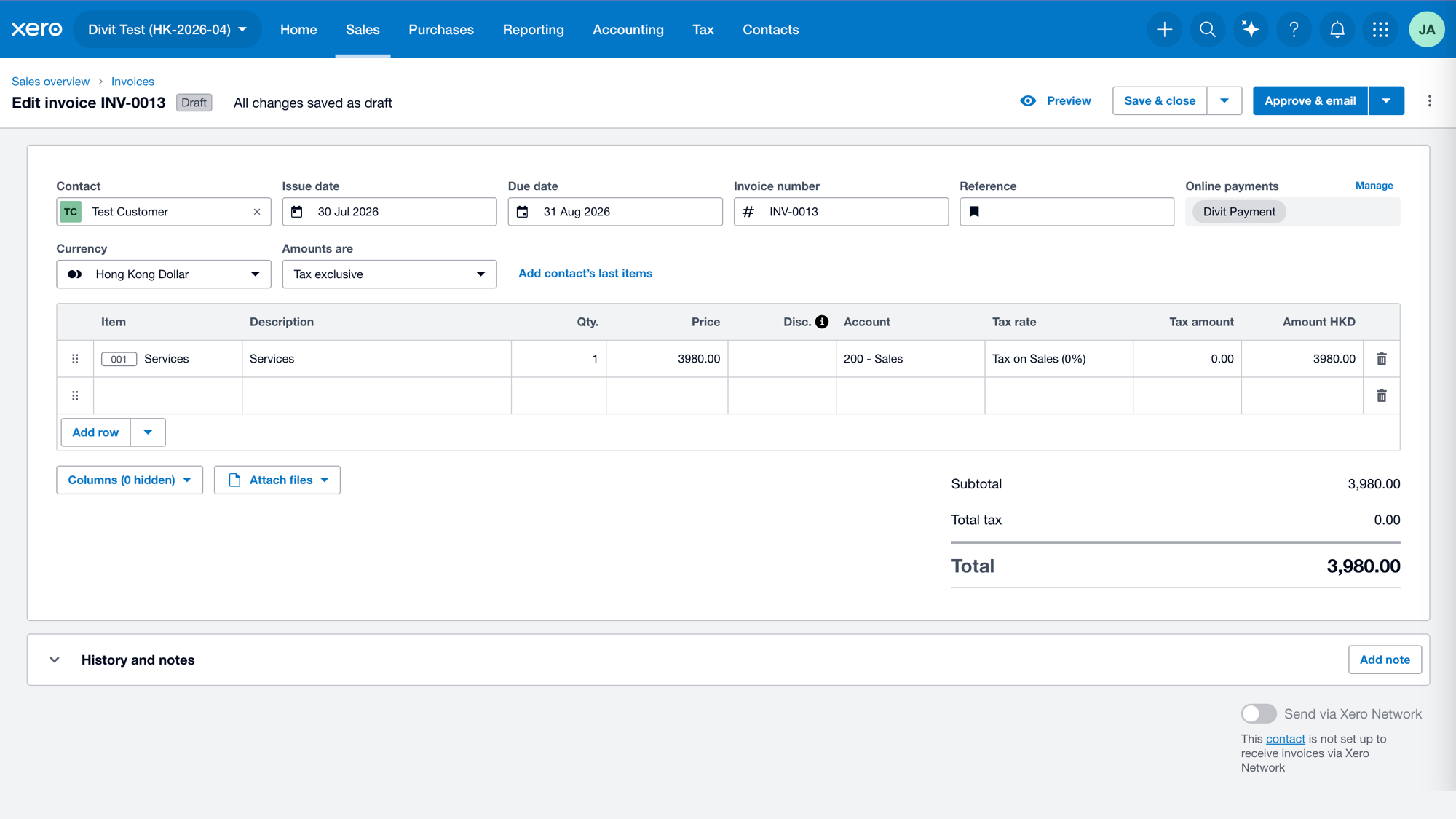 Xero 发票 INV-0013 准备发出，网上付款已设为 Divit Payment，并有批准并发送电邮按钮